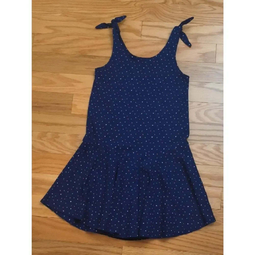 Tea Collection Navy Tie-Shoulder Dress with Multicolor Heart Dots Size 12 EUC